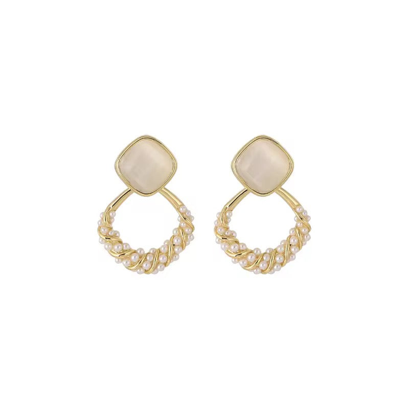 Elegant Cat Eye Stone & Diamond Pearl Earrings – Luxury Jewelry for Women