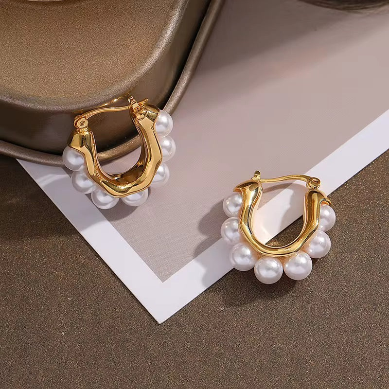 U-Shaped Pearl Hoop Earrings – Elegant Gold Plated Design