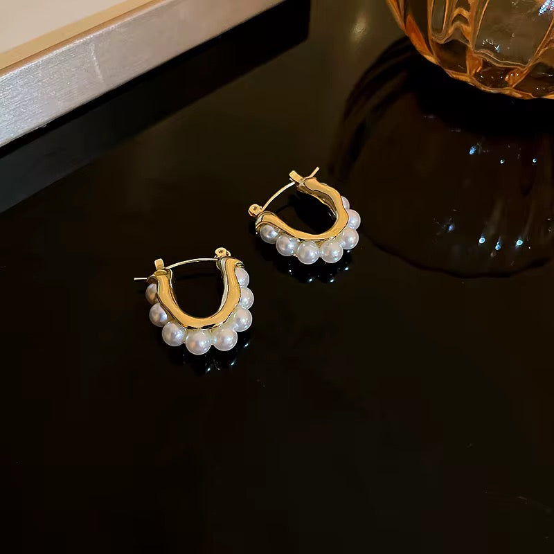 U-Shaped Pearl Hoop Earrings – Elegant Gold Plated Design