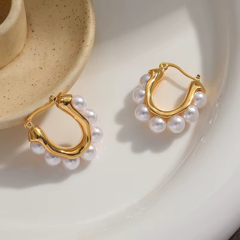 U-Shaped Pearl Hoop Earrings – Elegant Gold Plated Design