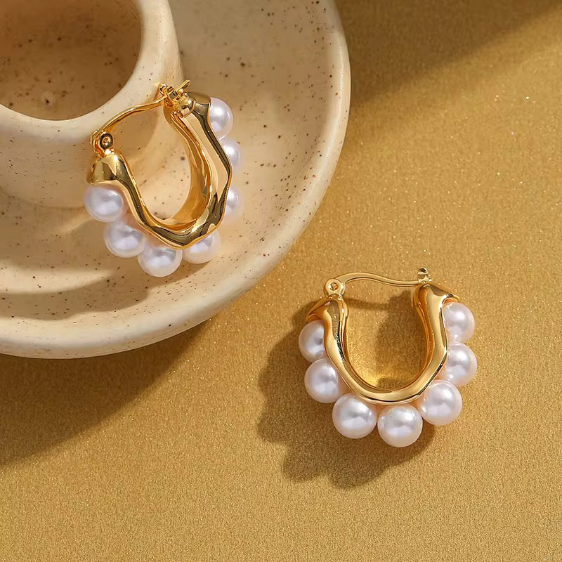 U-Shaped Pearl Hoop Earrings – Elegant Gold Plated Design