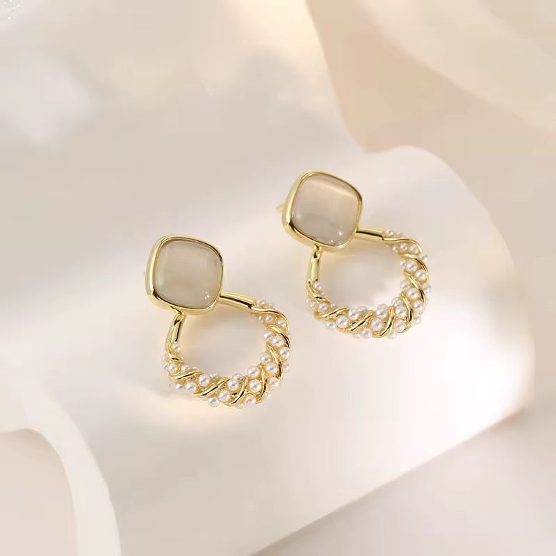 Elegant Cat Eye Stone & Diamond Pearl Earrings – Luxury Jewelry for Women