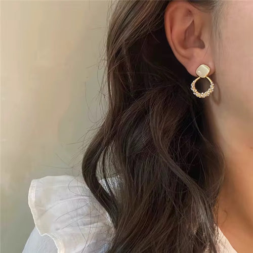 Elegant Cat Eye Stone & Diamond Pearl Earrings – Luxury Jewelry for Women
