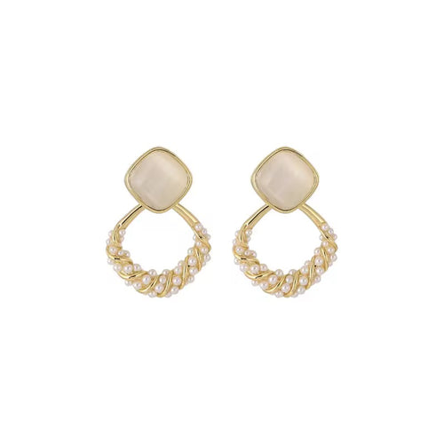 Elegant Cat Eye Stone & Diamond Pearl Earrings – Luxury Jewelry for Women